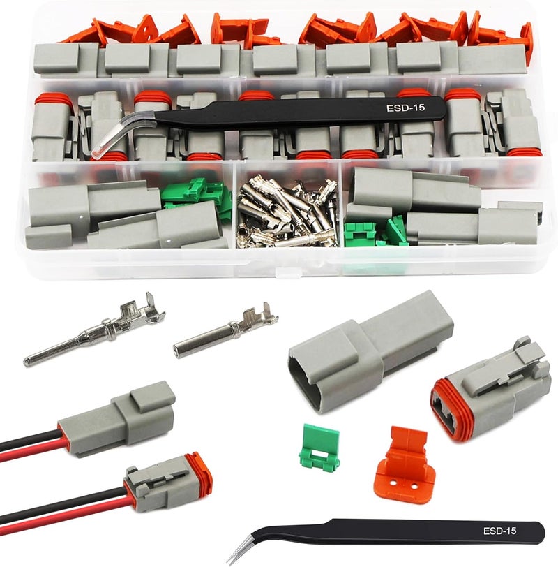Twippo 2 Pin Deutsch Connector Kit 10 Sets, Gray DT Connector Kit, 2 Pin Automotive Waterproof Wire Connectors, Electrical Connectors Kit with 16# Stamped Contacts for Car, RV, Truck Wiring 22-16AWG - Image 1